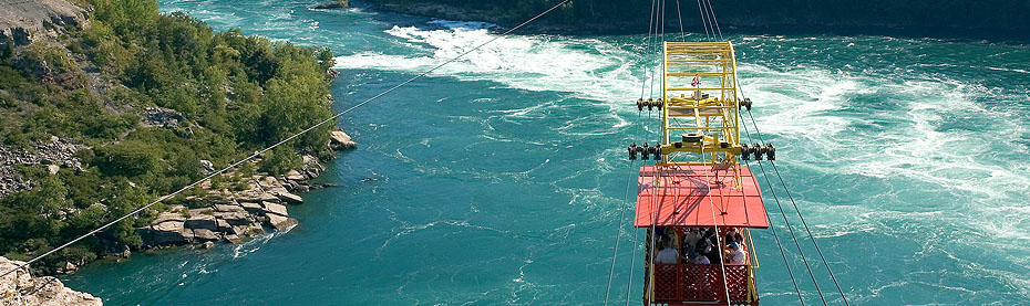 High above the Niagara River, you'll be transported through the air in an antique cable car.